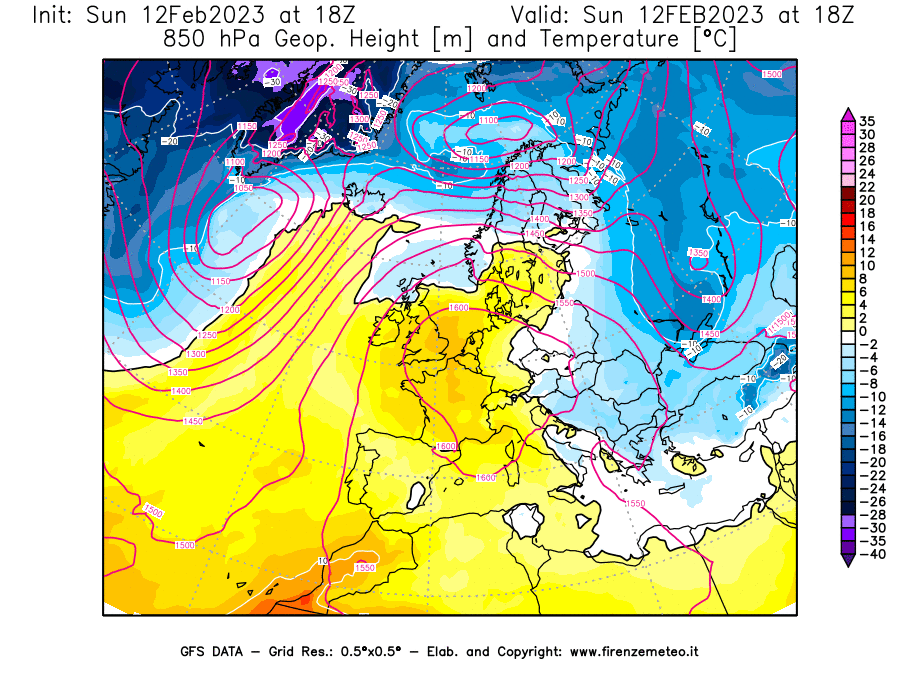 Mappa di analisi GFS - Geopotenziale [m] e Temperatura [°C] a 850 hPa in Europa
							del 12/02/2023 18 <!--googleoff: index-->UTC<!--googleon: index-->