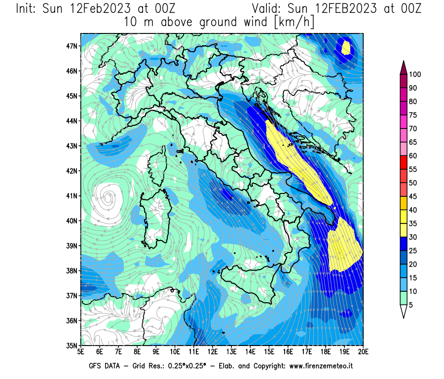 Mappa di analisi GFS - Velocità del vento a 10 metri dal suolo [km/h] in Italia
							del 12/02/2023 00 <!--googleoff: index-->UTC<!--googleon: index-->