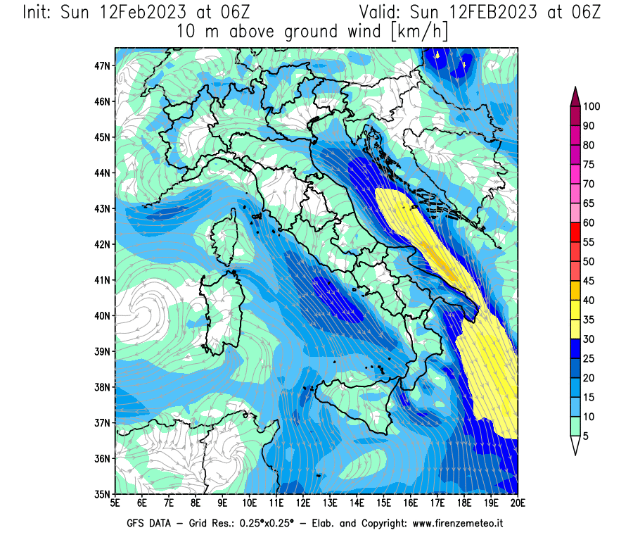 Mappa di analisi GFS - Velocità del vento a 10 metri dal suolo [km/h] in Italia
							del 12/02/2023 06 <!--googleoff: index-->UTC<!--googleon: index-->