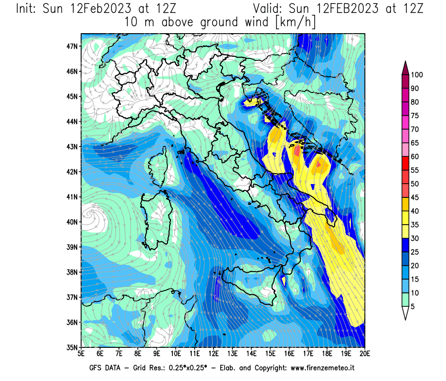 Mappa di analisi GFS - Velocità del vento a 10 metri dal suolo [km/h] in Italia
							del 12/02/2023 12 <!--googleoff: index-->UTC<!--googleon: index-->