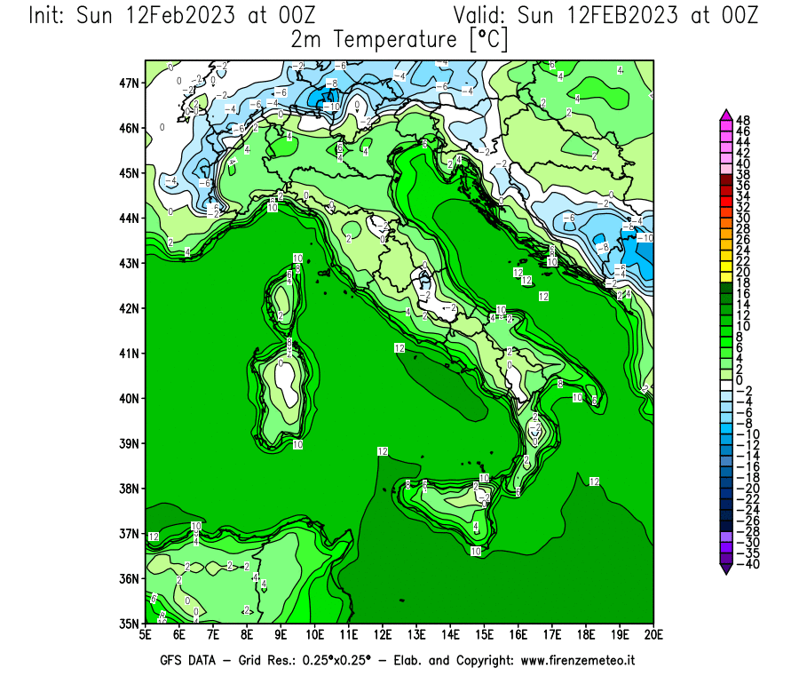 Mappa di analisi GFS - Temperatura a 2 metri dal suolo [°C] in Italia
							del 12/02/2023 00 <!--googleoff: index-->UTC<!--googleon: index-->