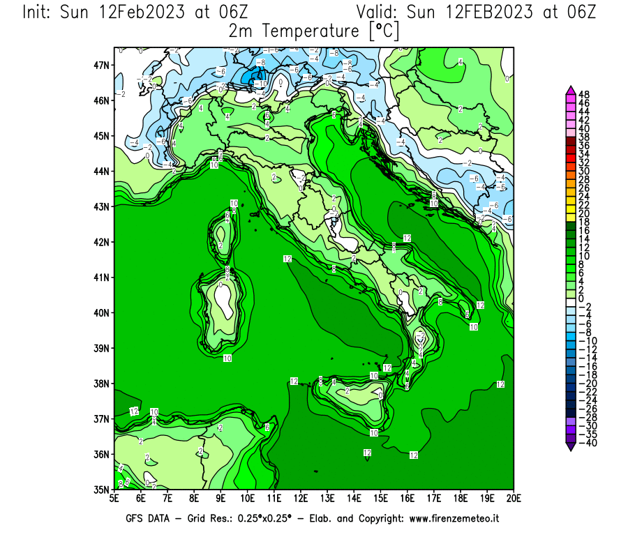 Mappa di analisi GFS - Temperatura a 2 metri dal suolo [°C] in Italia
							del 12/02/2023 06 <!--googleoff: index-->UTC<!--googleon: index-->