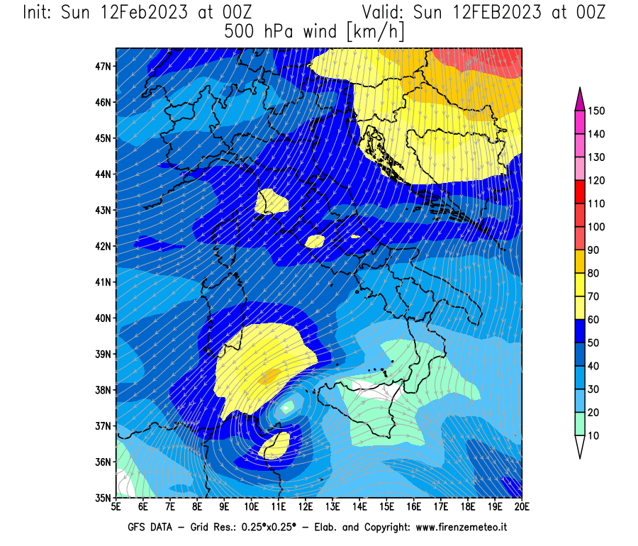 Mappa di analisi GFS - Velocità del vento a 500 hPa [km/h] in Italia
							del 12/02/2023 00 <!--googleoff: index-->UTC<!--googleon: index-->
