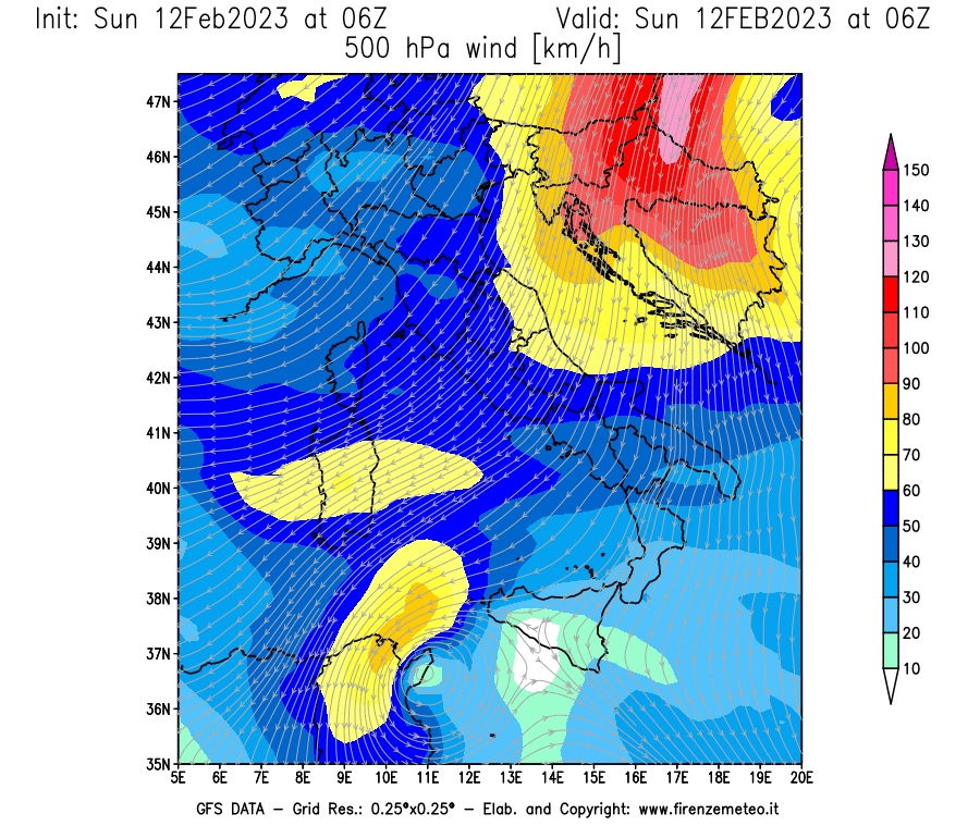 Mappa di analisi GFS - Velocità del vento a 500 hPa [km/h] in Italia
							del 12/02/2023 06 <!--googleoff: index-->UTC<!--googleon: index-->