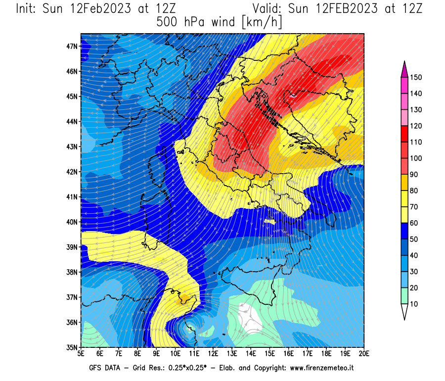 Mappa di analisi GFS - Velocità del vento a 500 hPa [km/h] in Italia
							del 12/02/2023 12 <!--googleoff: index-->UTC<!--googleon: index-->