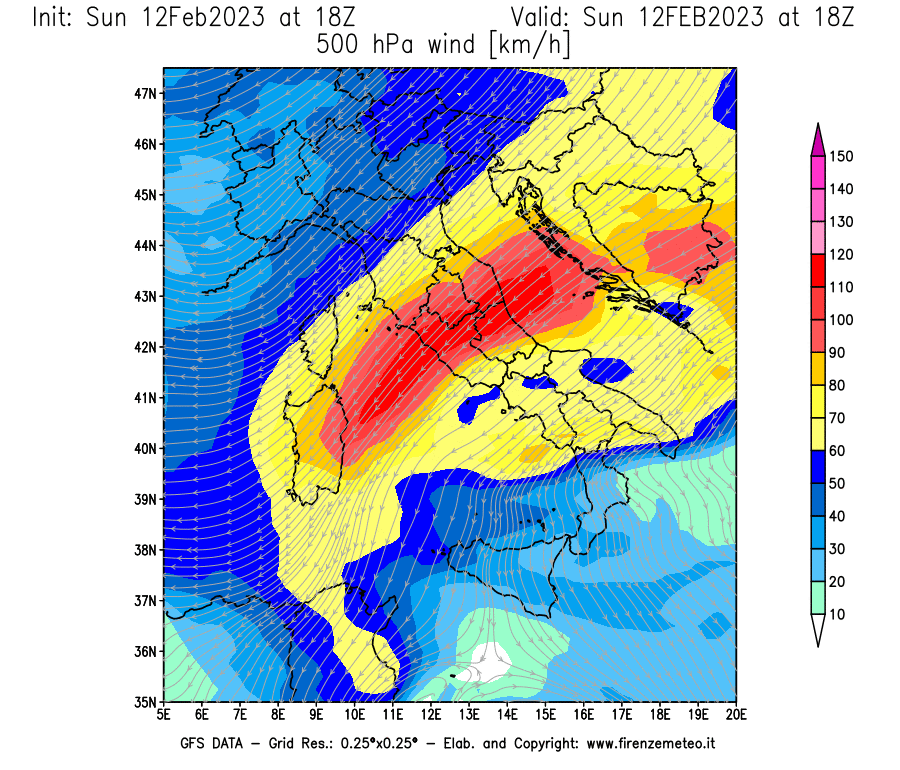 Mappa di analisi GFS - Velocità del vento a 500 hPa [km/h] in Italia
							del 12/02/2023 18 <!--googleoff: index-->UTC<!--googleon: index-->