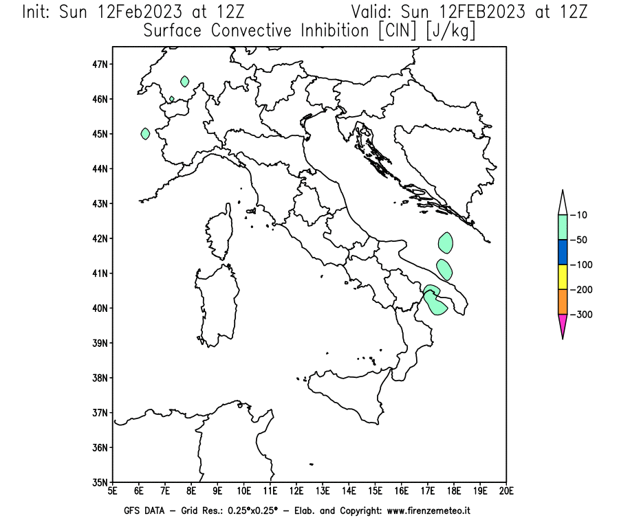 Mappa di analisi GFS - CIN [J/kg] in Italia
							del 12/02/2023 12 <!--googleoff: index-->UTC<!--googleon: index-->