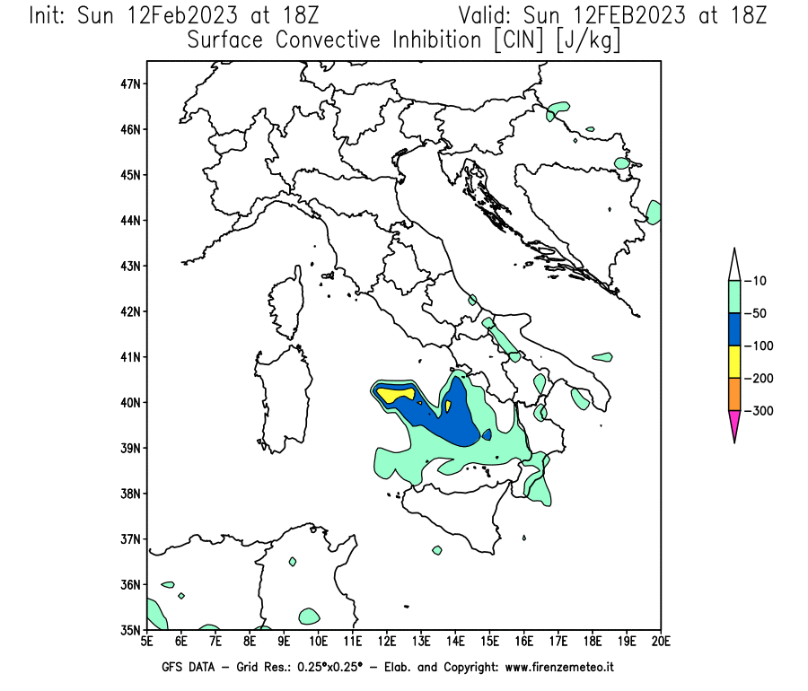 Mappa di analisi GFS - CIN [J/kg] in Italia
							del 12/02/2023 18 <!--googleoff: index-->UTC<!--googleon: index-->