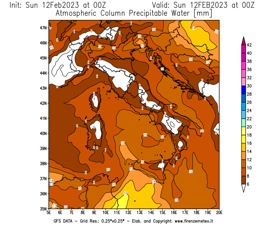 Mappa di analisi GFS - Precipitable Water [mm] in Italia
							del 12/02/2023 00 <!--googleoff: index-->UTC<!--googleon: index-->
