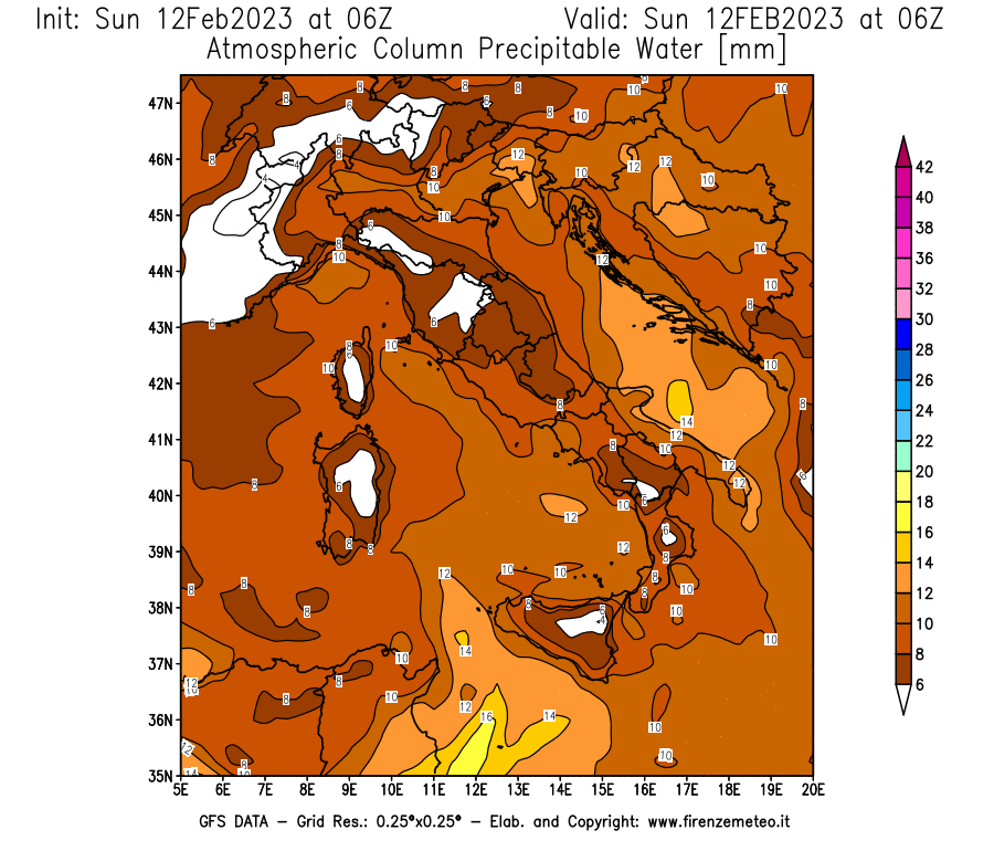 Mappa di analisi GFS - Precipitable Water [mm] in Italia
							del 12/02/2023 06 <!--googleoff: index-->UTC<!--googleon: index-->
