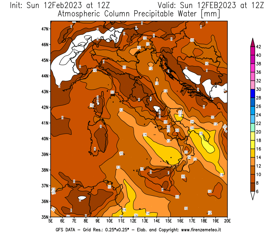 Mappa di analisi GFS - Precipitable Water [mm] in Italia
							del 12/02/2023 12 <!--googleoff: index-->UTC<!--googleon: index-->