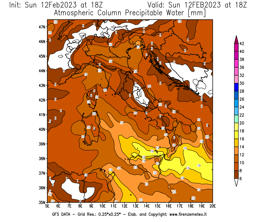 Mappa di analisi GFS - Precipitable Water [mm] in Italia
							del 12/02/2023 18 <!--googleoff: index-->UTC<!--googleon: index-->