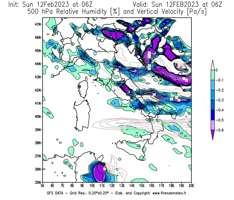 Mappa di analisi GFS - Umidità relativa [%] e Omega [Pa/s] a 500 hPa in Italia
							del 12/02/2023 06 <!--googleoff: index-->UTC<!--googleon: index-->