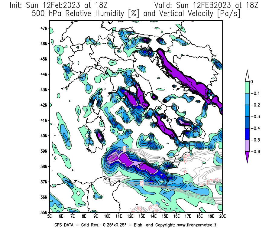 Mappa di analisi GFS - Umidità relativa [%] e Omega [Pa/s] a 500 hPa in Italia
							del 12/02/2023 18 <!--googleoff: index-->UTC<!--googleon: index-->