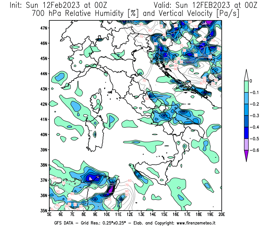 Mappa di analisi GFS - Umidità relativa [%] e Omega [Pa/s] a 700 hPa in Italia
							del 12/02/2023 00 <!--googleoff: index-->UTC<!--googleon: index-->