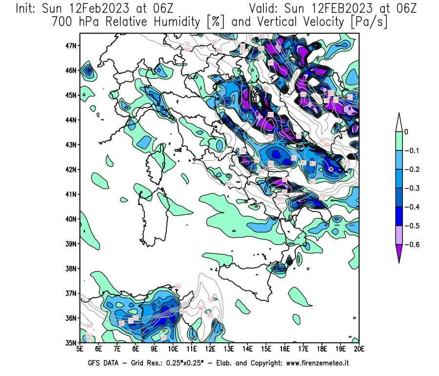 Mappa di analisi GFS - Umidità relativa [%] e Omega [Pa/s] a 700 hPa in Italia
							del 12/02/2023 06 <!--googleoff: index-->UTC<!--googleon: index-->