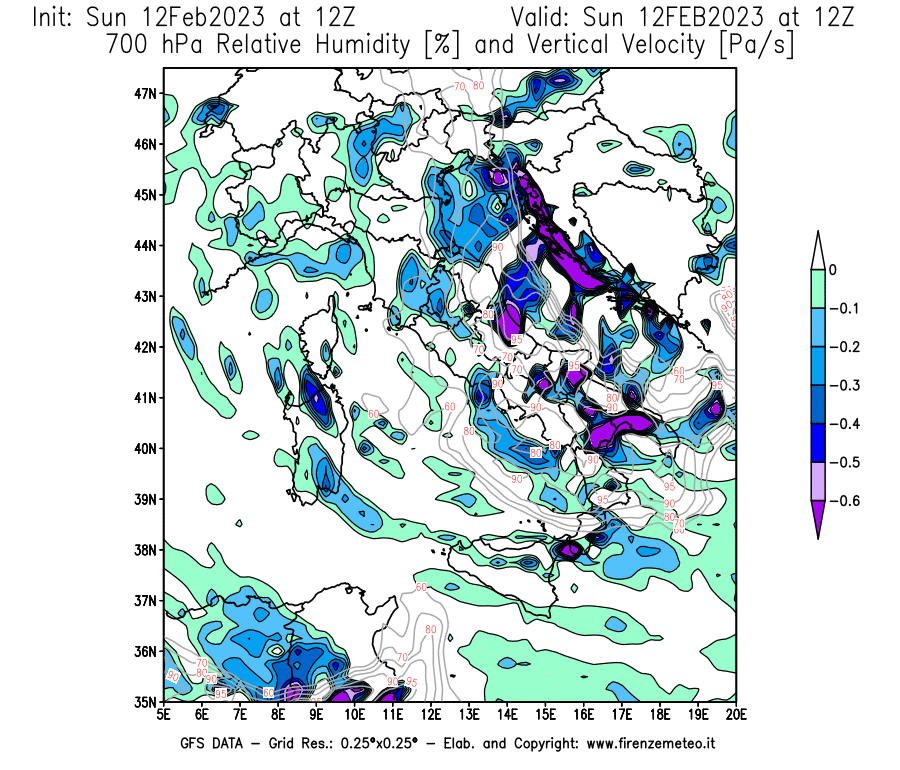 Mappa di analisi GFS - Umidità relativa [%] e Omega [Pa/s] a 700 hPa in Italia
							del 12/02/2023 12 <!--googleoff: index-->UTC<!--googleon: index-->
