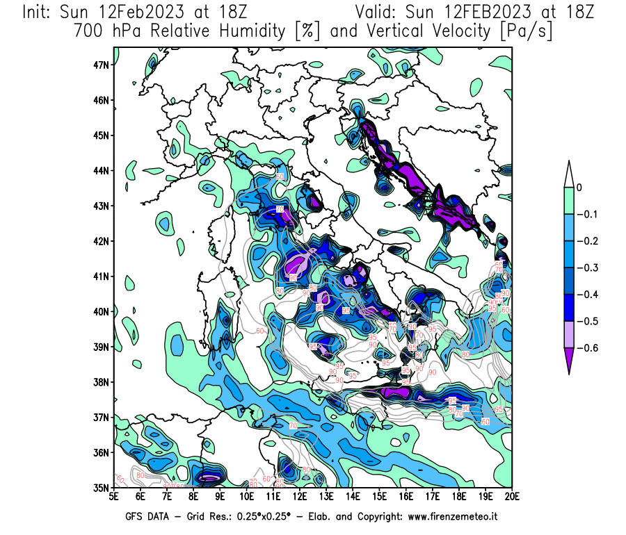 Mappa di analisi GFS - Umidità relativa [%] e Omega [Pa/s] a 700 hPa in Italia
							del 12/02/2023 18 <!--googleoff: index-->UTC<!--googleon: index-->