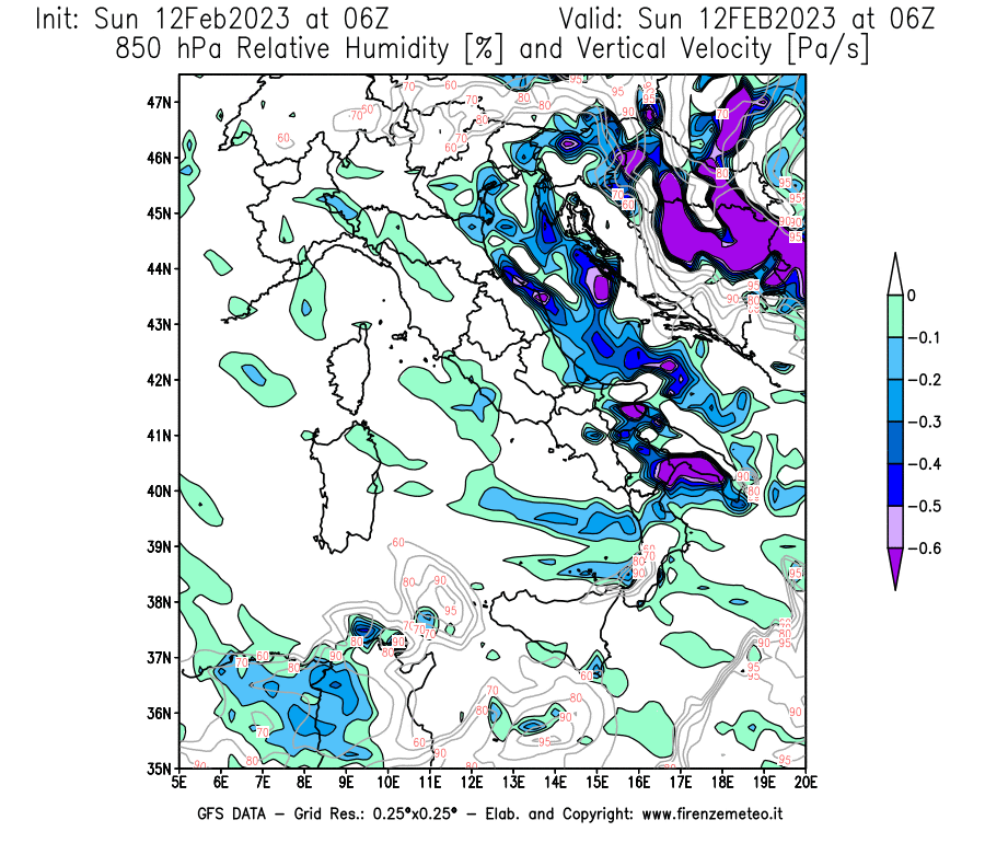Mappa di analisi GFS - Umidità relativa [%] e Omega [Pa/s] a 850 hPa in Italia
							del 12/02/2023 06 <!--googleoff: index-->UTC<!--googleon: index-->