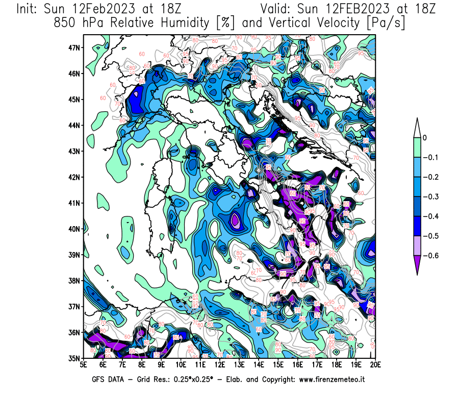 Mappa di analisi GFS - Umidità relativa [%] e Omega [Pa/s] a 850 hPa in Italia
							del 12/02/2023 18 <!--googleoff: index-->UTC<!--googleon: index-->