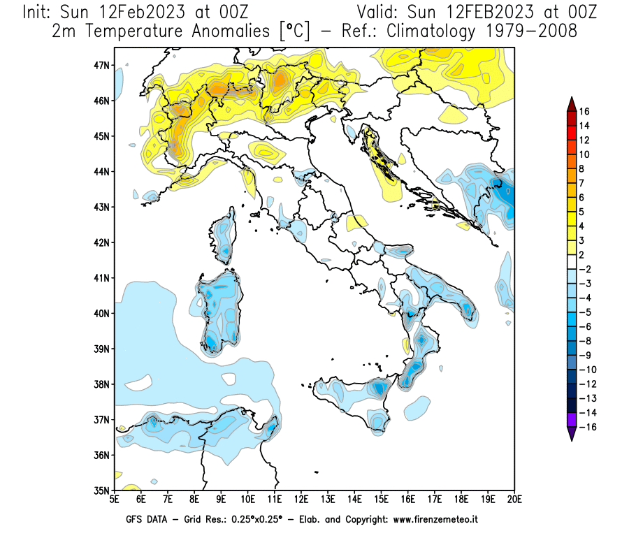 Mappa di analisi GFS - Anomalia Temperatura [°C] a 2 m in Italia
							del 12/02/2023 00 <!--googleoff: index-->UTC<!--googleon: index-->
