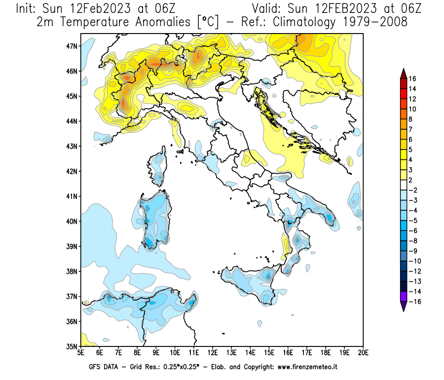 Mappa di analisi GFS - Anomalia Temperatura [°C] a 2 m in Italia
							del 12/02/2023 06 <!--googleoff: index-->UTC<!--googleon: index-->