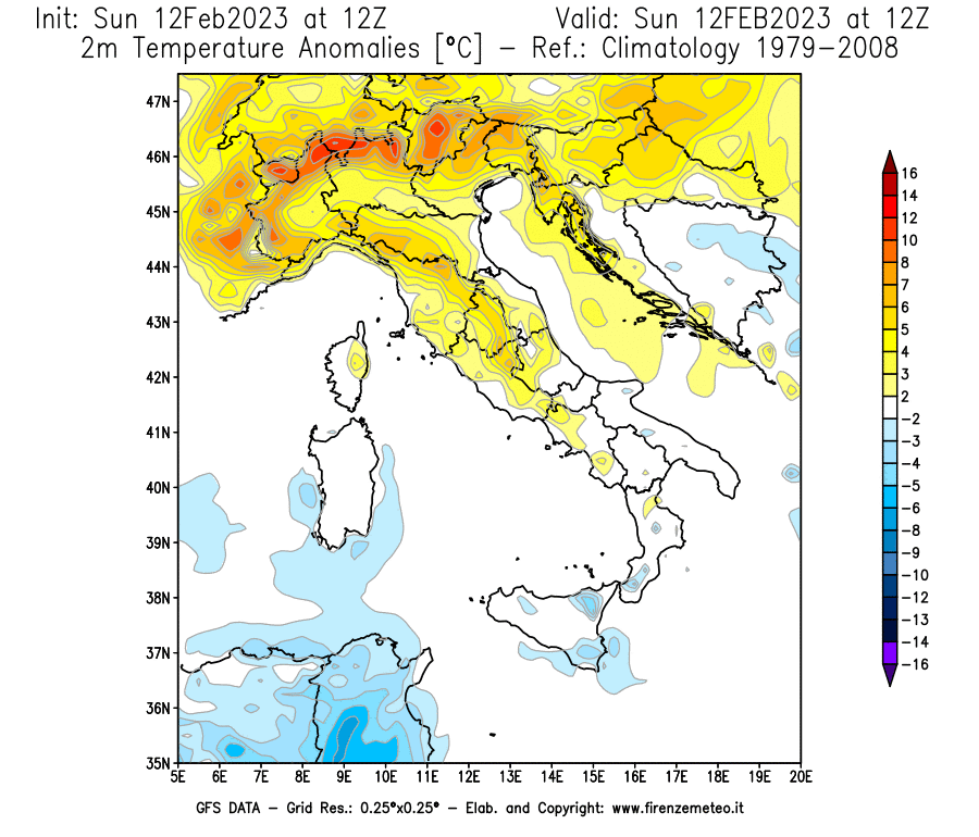 Mappa di analisi GFS - Anomalia Temperatura [°C] a 2 m in Italia
							del 12/02/2023 12 <!--googleoff: index-->UTC<!--googleon: index-->