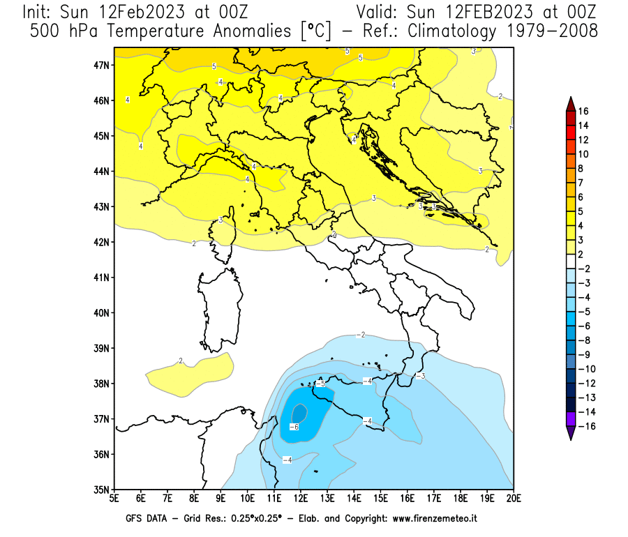 Mappa di analisi GFS - Anomalia Temperatura [°C] a 500 hPa in Italia
							del 12/02/2023 00 <!--googleoff: index-->UTC<!--googleon: index-->