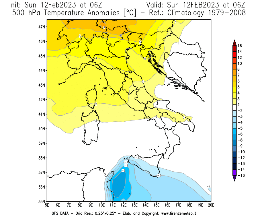 Mappa di analisi GFS - Anomalia Temperatura [°C] a 500 hPa in Italia
							del 12/02/2023 06 <!--googleoff: index-->UTC<!--googleon: index-->