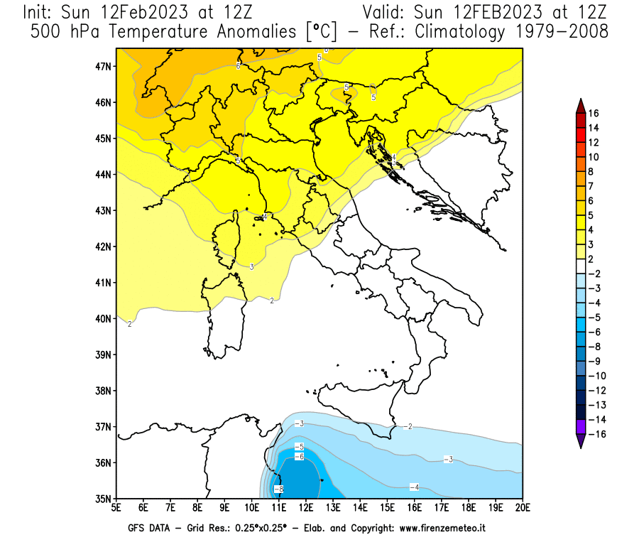 Mappa di analisi GFS - Anomalia Temperatura [°C] a 500 hPa in Italia
							del 12/02/2023 12 <!--googleoff: index-->UTC<!--googleon: index-->