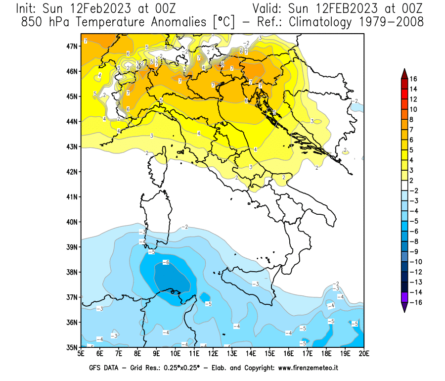 Mappa di analisi GFS - Anomalia Temperatura [°C] a 850 hPa in Italia
							del 12/02/2023 00 <!--googleoff: index-->UTC<!--googleon: index-->