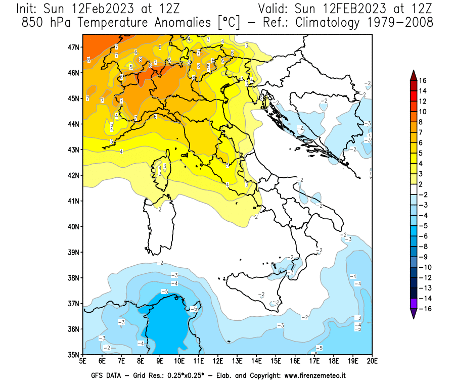 Mappa di analisi GFS - Anomalia Temperatura [°C] a 850 hPa in Italia
							del 12/02/2023 12 <!--googleoff: index-->UTC<!--googleon: index-->