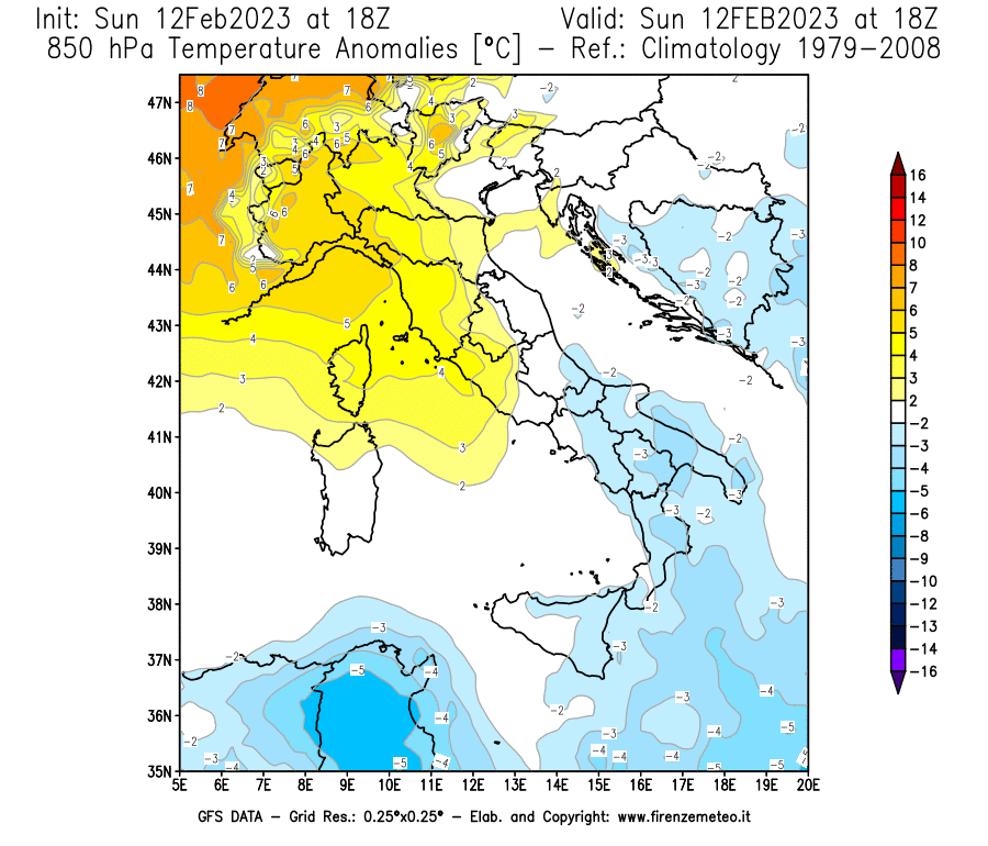 Mappa di analisi GFS - Anomalia Temperatura [°C] a 850 hPa in Italia
							del 12/02/2023 18 <!--googleoff: index-->UTC<!--googleon: index-->