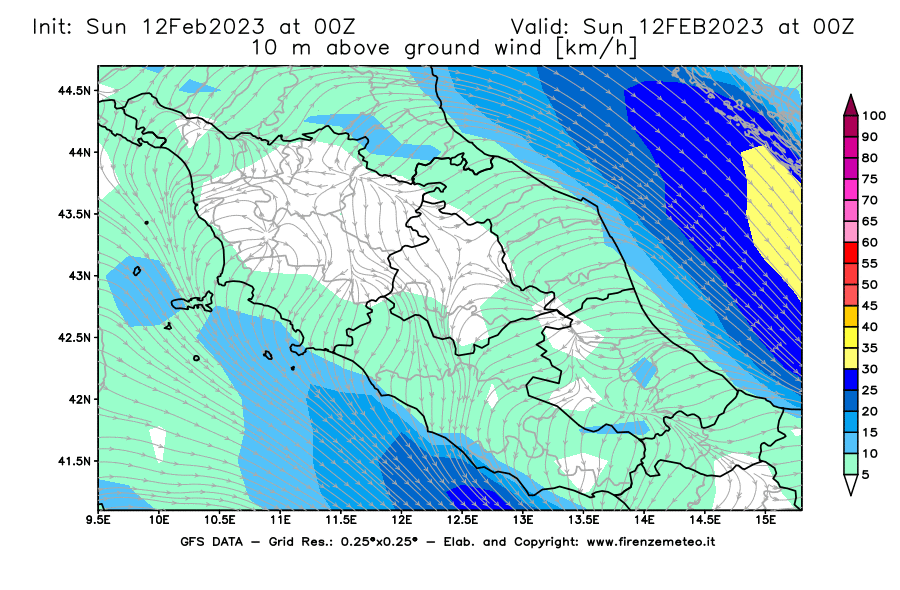 Mappa di analisi GFS - Velocità del vento a 10 metri dal suolo [km/h] in Centro-Italia
							del 12/02/2023 00 <!--googleoff: index-->UTC<!--googleon: index-->