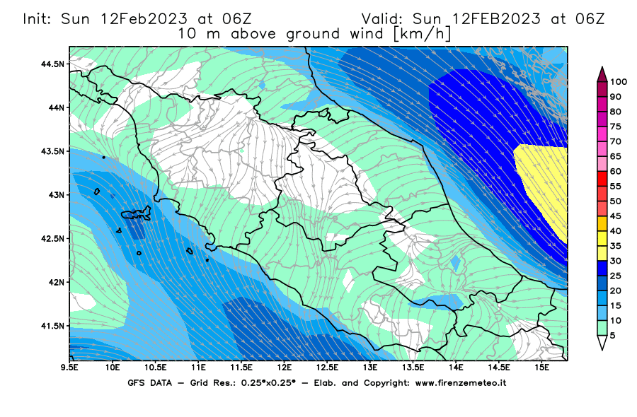 Mappa di analisi GFS - Velocità del vento a 10 metri dal suolo [km/h] in Centro-Italia
							del 12/02/2023 06 <!--googleoff: index-->UTC<!--googleon: index-->