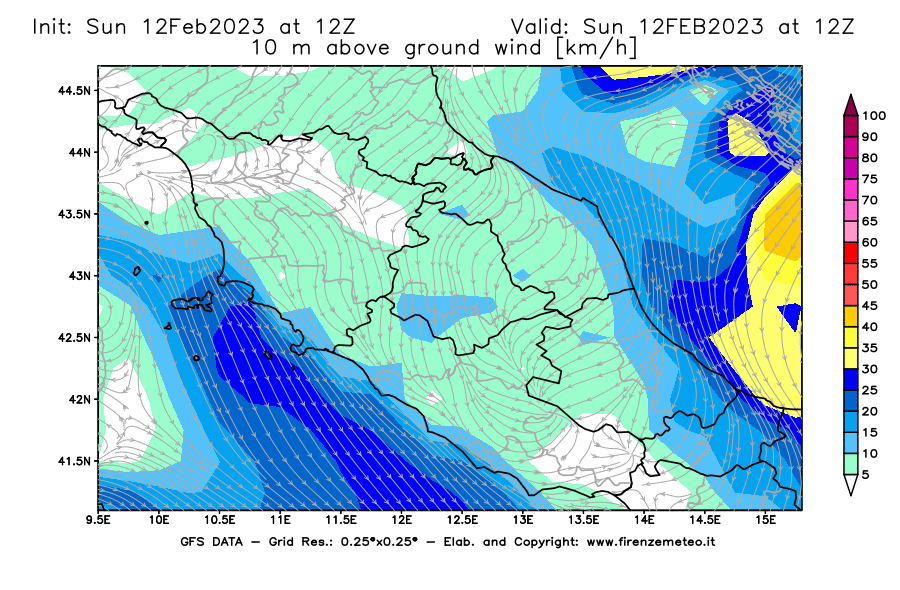 Mappa di analisi GFS - Velocità del vento a 10 metri dal suolo [km/h] in Centro-Italia
							del 12/02/2023 12 <!--googleoff: index-->UTC<!--googleon: index-->