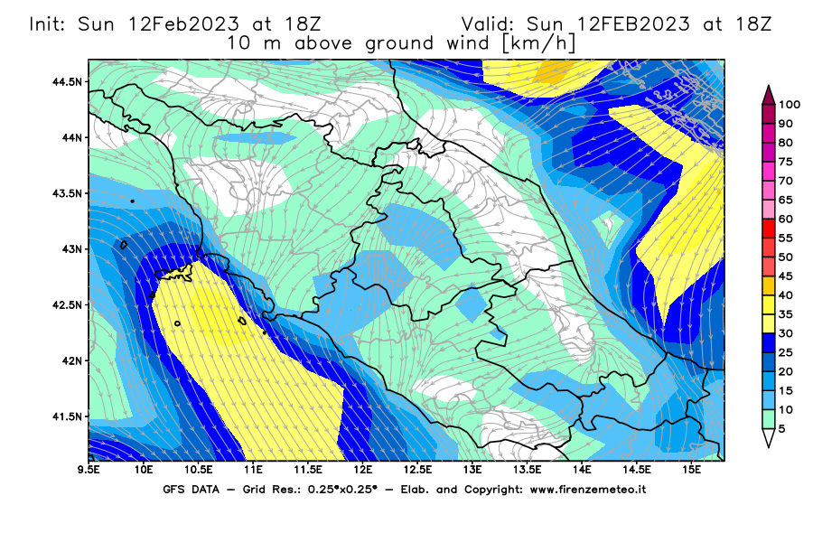 Mappa di analisi GFS - Velocità del vento a 10 metri dal suolo [km/h] in Centro-Italia
							del 12/02/2023 18 <!--googleoff: index-->UTC<!--googleon: index-->