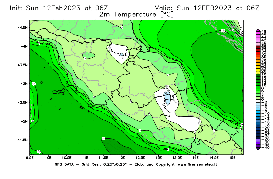 Mappa di analisi GFS - Temperatura a 2 metri dal suolo [°C] in Centro-Italia
							del 12/02/2023 06 <!--googleoff: index-->UTC<!--googleon: index-->