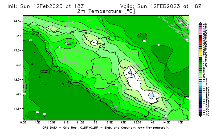 Mappa di analisi GFS - Temperatura a 2 metri dal suolo [°C] in Centro-Italia
							del 12/02/2023 18 <!--googleoff: index-->UTC<!--googleon: index-->