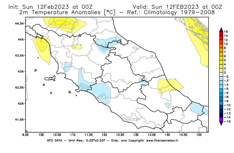 Mappa di analisi GFS - Anomalia Temperatura [°C] a 2 m in Centro-Italia
							del 12/02/2023 00 <!--googleoff: index-->UTC<!--googleon: index-->