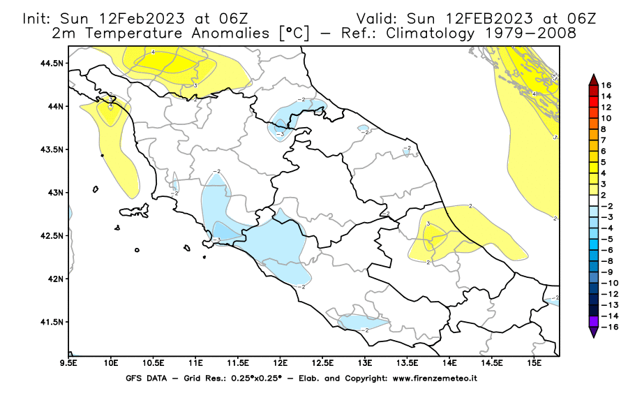 Mappa di analisi GFS - Anomalia Temperatura [°C] a 2 m in Centro-Italia
							del 12/02/2023 06 <!--googleoff: index-->UTC<!--googleon: index-->