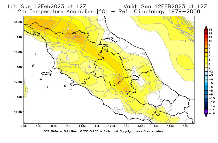 Mappa di analisi GFS - Anomalia Temperatura [°C] a 2 m in Centro-Italia
							del 12/02/2023 12 <!--googleoff: index-->UTC<!--googleon: index-->