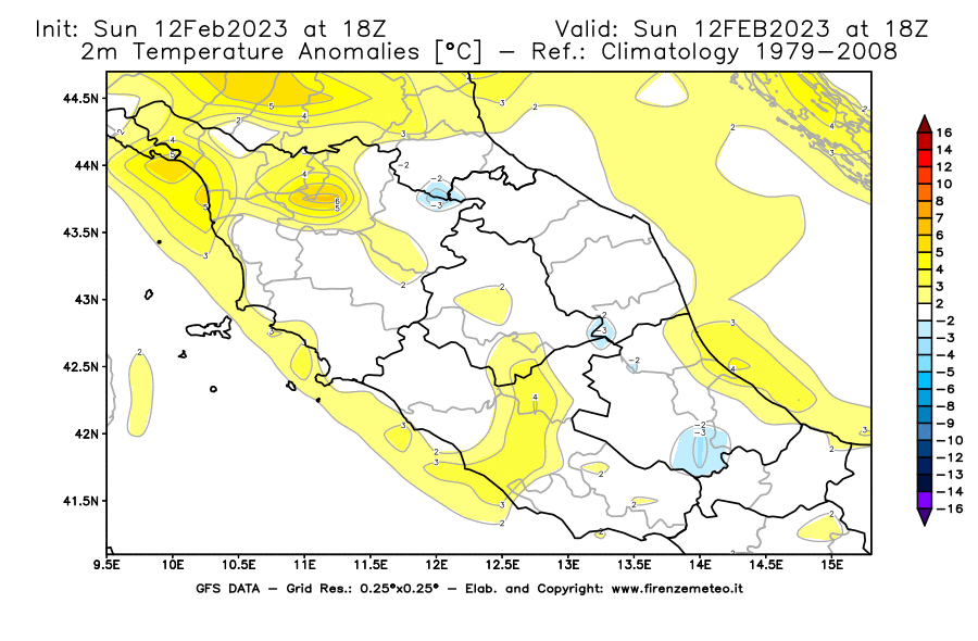 Mappa di analisi GFS - Anomalia Temperatura [°C] a 2 m in Centro-Italia
							del 12/02/2023 18 <!--googleoff: index-->UTC<!--googleon: index-->