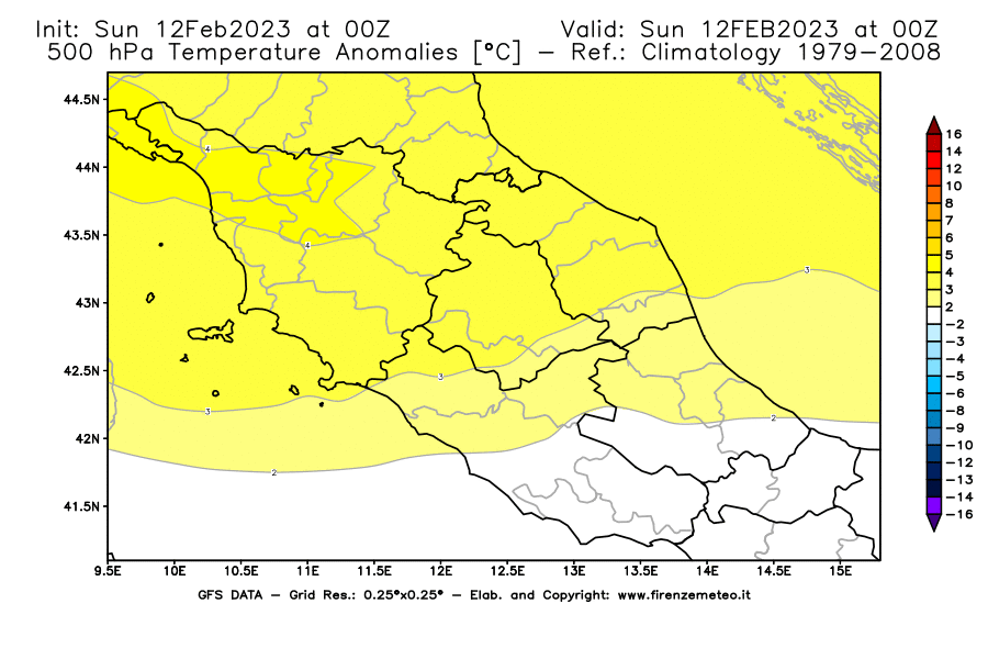 Mappa di analisi GFS - Anomalia Temperatura [°C] a 500 hPa in Centro-Italia
							del 12/02/2023 00 <!--googleoff: index-->UTC<!--googleon: index-->