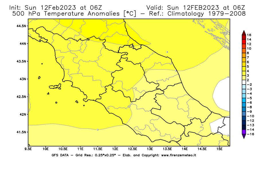 Mappa di analisi GFS - Anomalia Temperatura [°C] a 500 hPa in Centro-Italia
							del 12/02/2023 06 <!--googleoff: index-->UTC<!--googleon: index-->