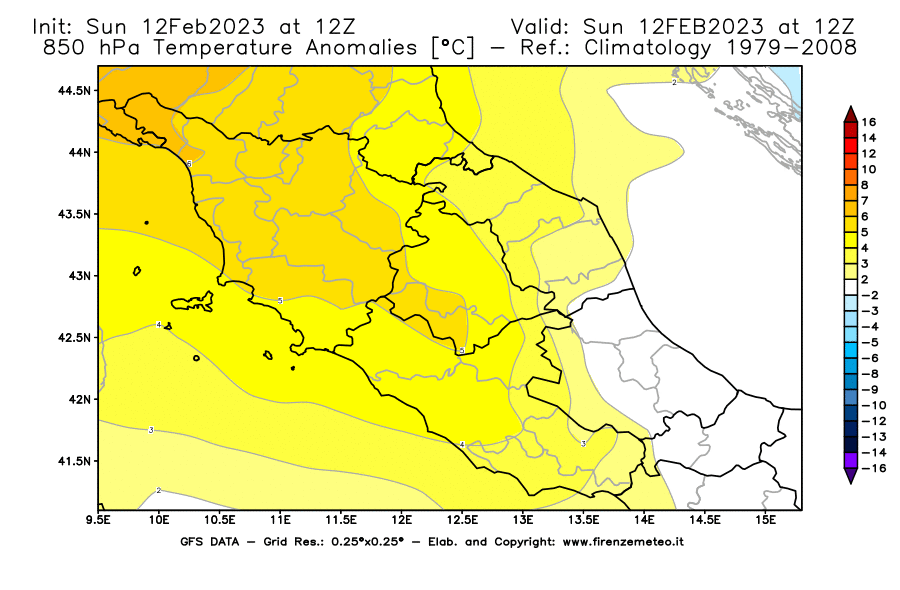 Mappa di analisi GFS - Anomalia Temperatura [°C] a 850 hPa in Centro-Italia
							del 12/02/2023 12 <!--googleoff: index-->UTC<!--googleon: index-->