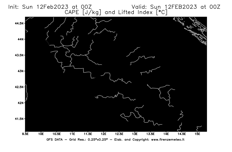 Mappa di analisi GFS - CAPE [J/kg] e Lifted Index [°C] in Centro-Italia
							del 12/02/2023 00 <!--googleoff: index-->UTC<!--googleon: index-->