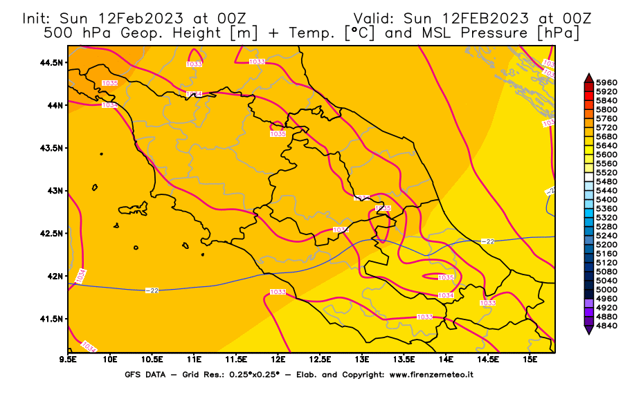 Mappa di analisi GFS - Geopotenziale [m] + Temp. [°C] a 500 hPa + Press. a livello del mare [hPa] in Centro-Italia
							del 12/02/2023 00 <!--googleoff: index-->UTC<!--googleon: index-->