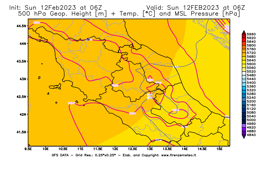 Mappa di analisi GFS - Geopotenziale [m] + Temp. [°C] a 500 hPa + Press. a livello del mare [hPa] in Centro-Italia
							del 12/02/2023 06 <!--googleoff: index-->UTC<!--googleon: index-->