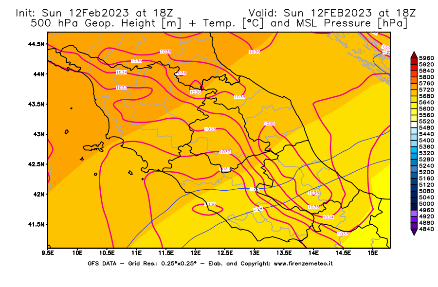 Mappa di analisi GFS - Geopotenziale [m] + Temp. [°C] a 500 hPa + Press. a livello del mare [hPa] in Centro-Italia
							del 12/02/2023 18 <!--googleoff: index-->UTC<!--googleon: index-->
